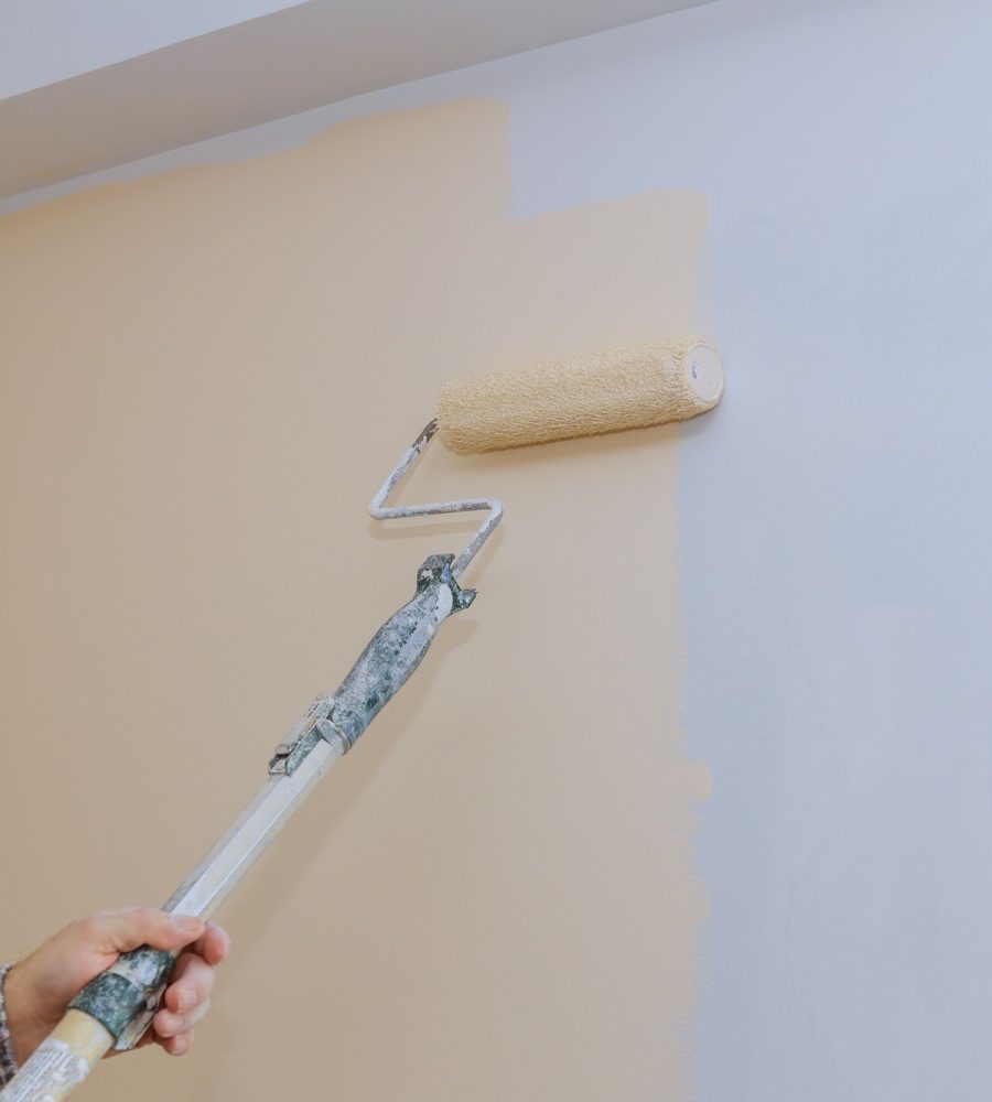 Male hand painting wall with paint roller apartment, renovating with color paint